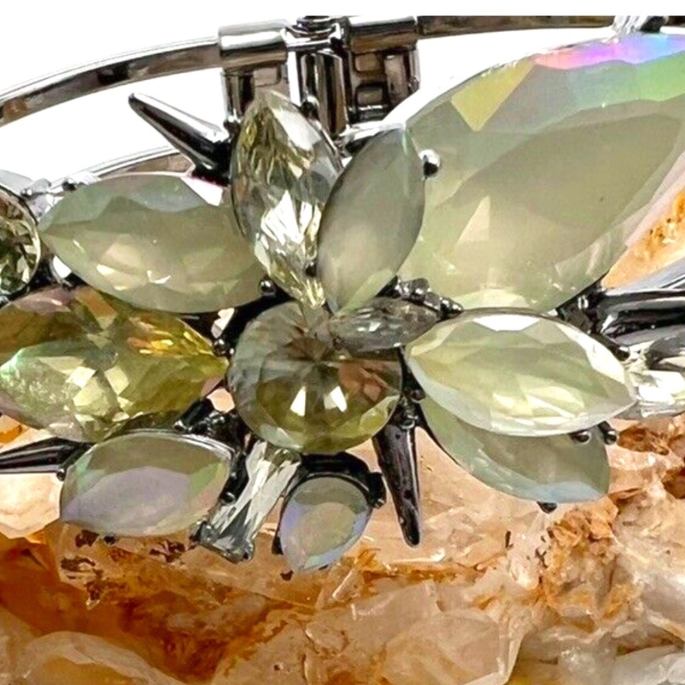 Cream Rhinestones & Gunmetal Double Stranded Clasp Bangle Bracelet